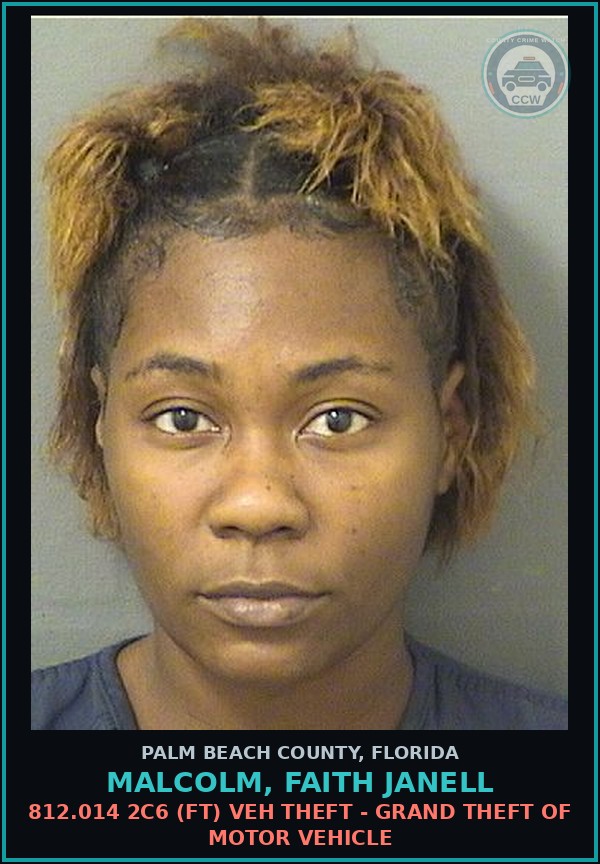 Booking mugshot of MALCOLM, FAITH JANELL in Palm Beach County