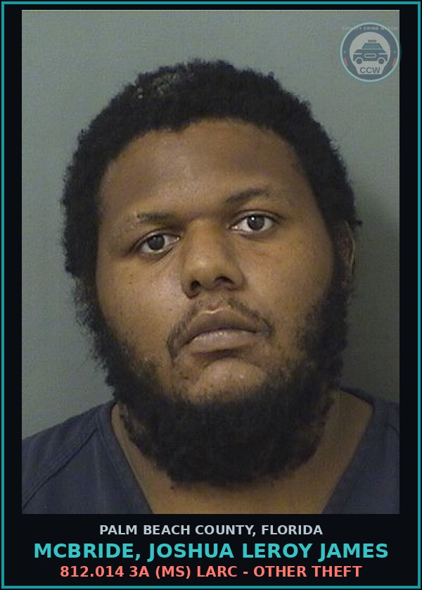 Booking mugshot of MCBRIDE, JOSHUA LEROY JAMES in Palm Beach County