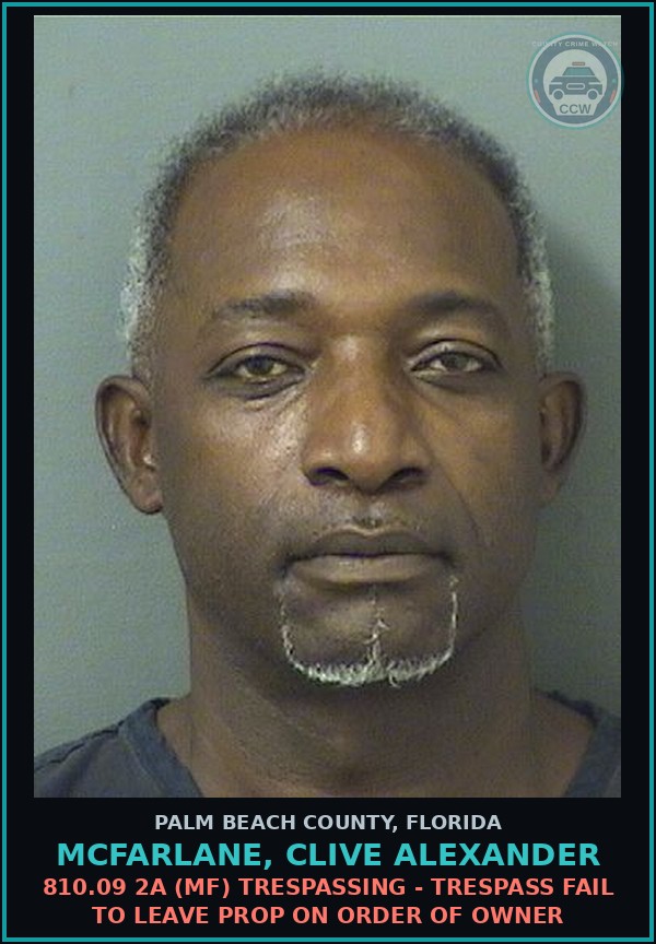 Booking mugshot of MCFARLANE, CLIVE ALEXANDER in Palm Beach County