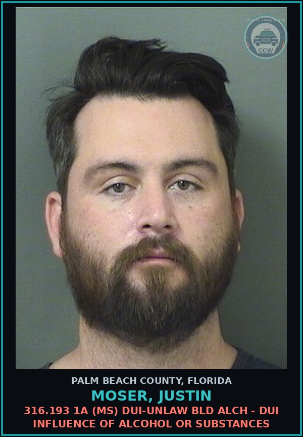 Booking mugshot of MOSER, JUSTIN in Palm Beach County