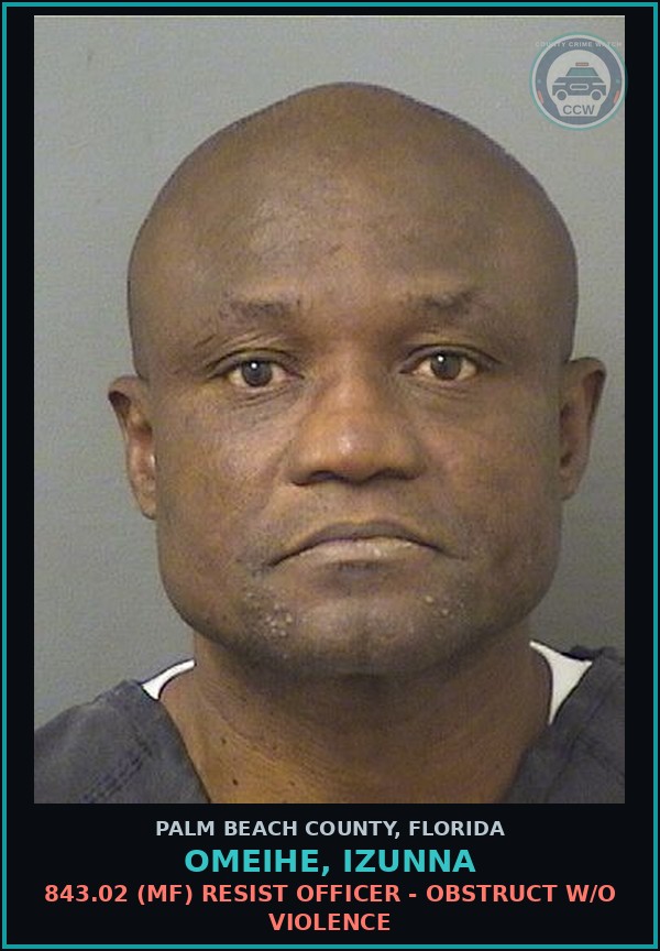 Booking mugshot of OMEIHE, IZUNNA in Palm Beach County