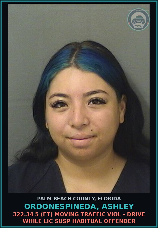 Booking mugshot of ORDONESPINEDA, ASHLEY in Palm Beach County