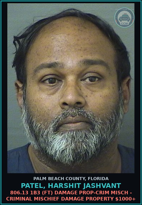 Booking mugshot of PATEL, HARSHIT JASHVANT in Palm Beach County