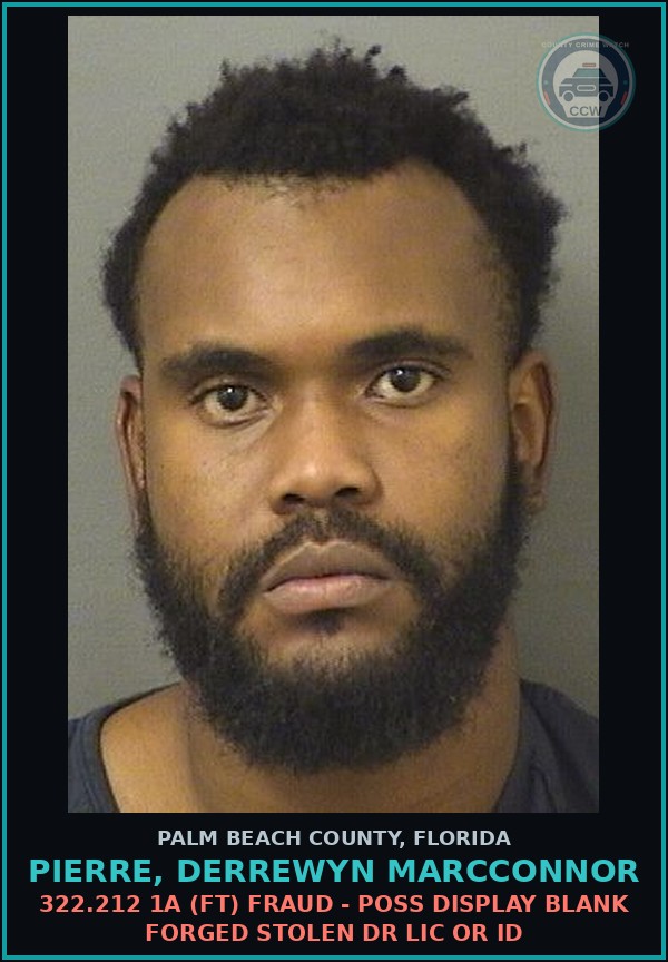 Booking mugshot of PIERRE, DERREWYN MARCCONNOR in Palm Beach County