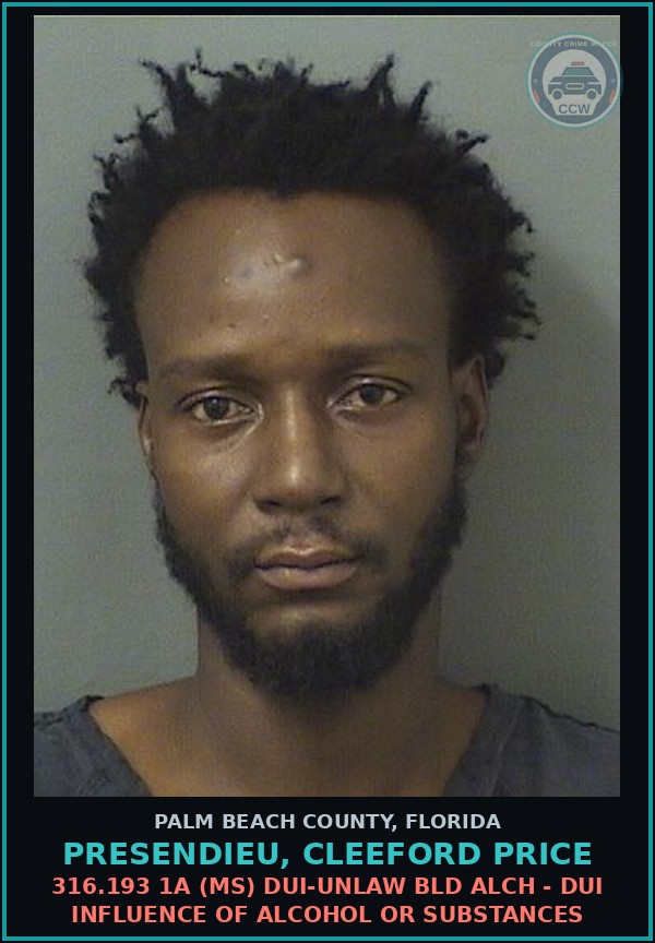 Booking mugshot of PRESENDIEU, CLEEFORD PRICE in Palm Beach County