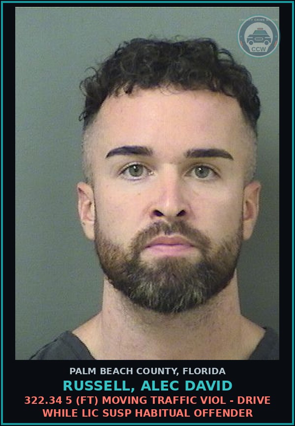 Booking mugshot of RUSSELL, ALEC DAVID in Palm Beach County