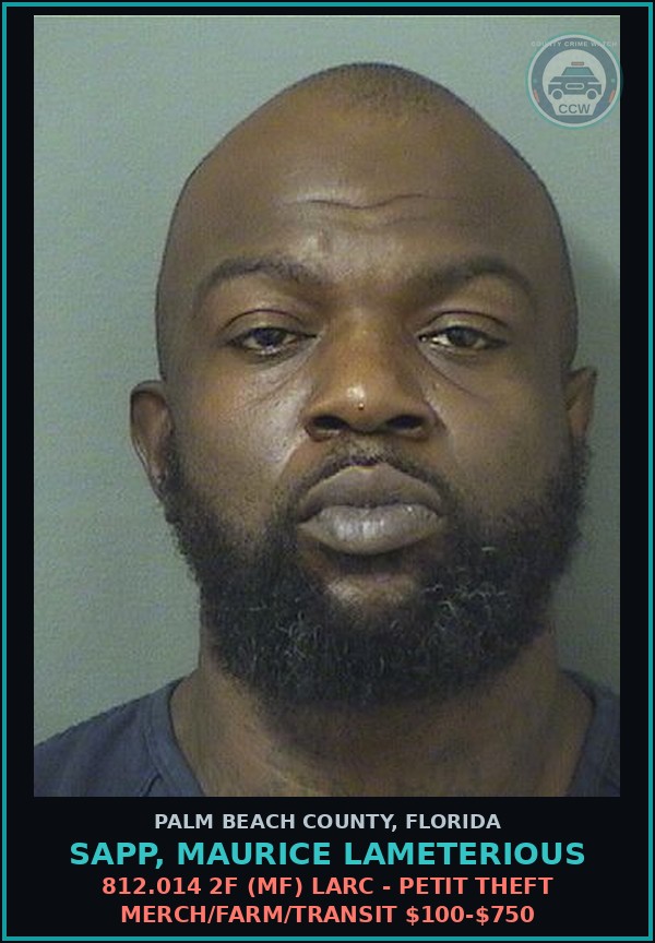 Booking mugshot of SAPP, MAURICE LAMETERIOUS in Palm Beach County