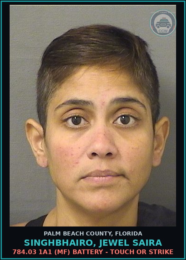 Booking mugshot of SINGHBHAIRO, JEWEL SAIRA in Palm Beach County