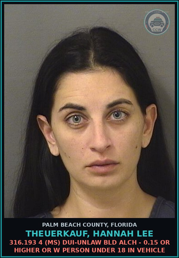 Booking mugshot of THEUERKAUF, HANNAH LEE in Palm Beach County