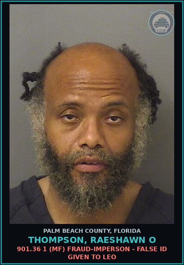 Booking mugshot of THOMPSON, RAESHAWN O in Palm Beach County