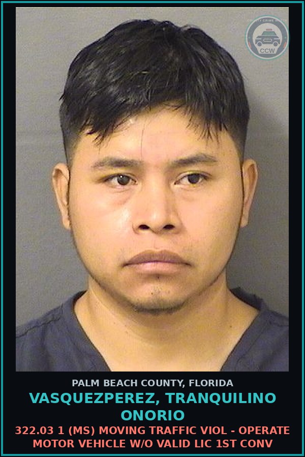 Booking mugshot of VASQUEZPEREZ, TRANQUILINO ONORIO in Palm Beach County