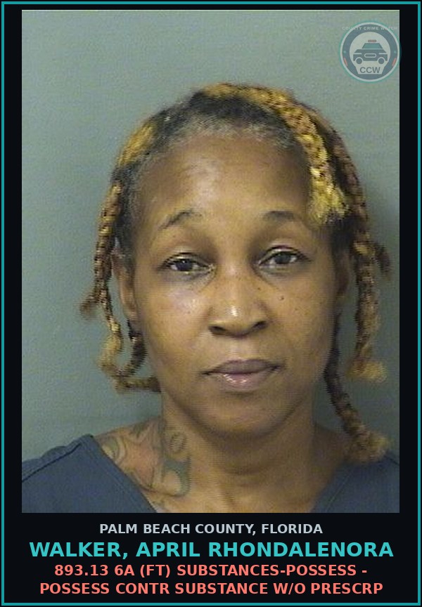 Booking mugshot of WALKER, APRIL RHONDALENORA in Palm Beach County