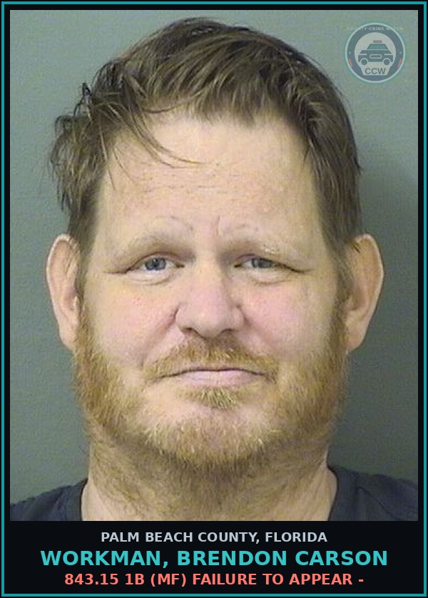 Booking mugshot of WORKMAN, BRENDON CARSON in Palm Beach County