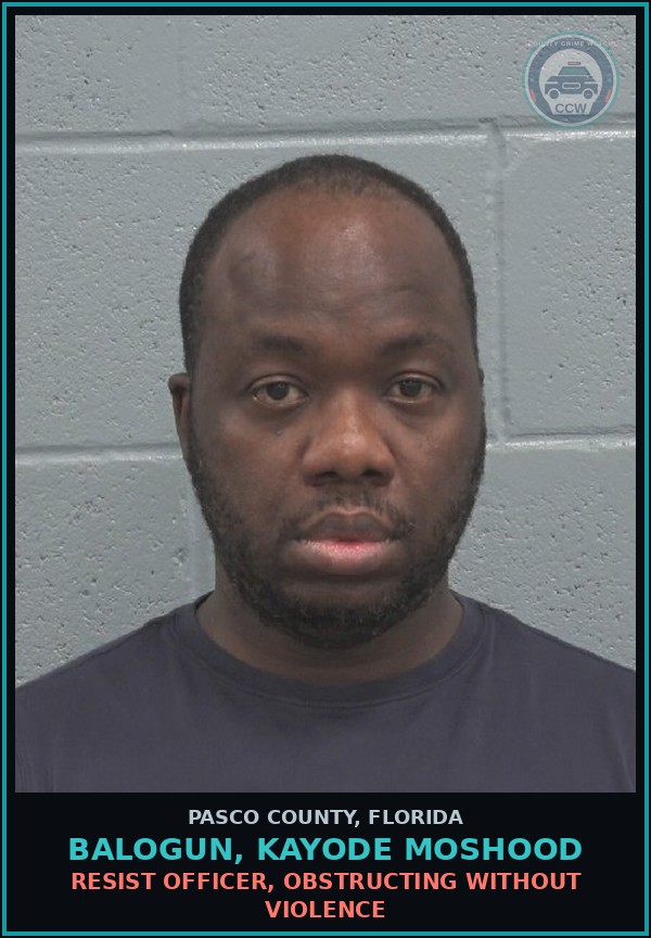 Booking mugshot of BALOGUN, KAYODE MOSHOOD in Pasco County