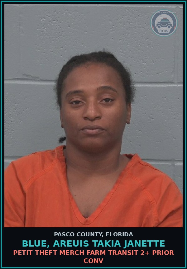 Booking mugshot of BLUE, AREUIS TAKIA JANETTE in Pasco County