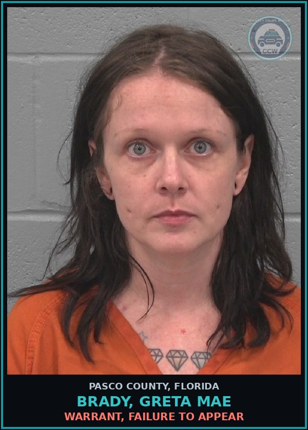 Booking mugshot of BRADY, GRETA MAE in Pasco County