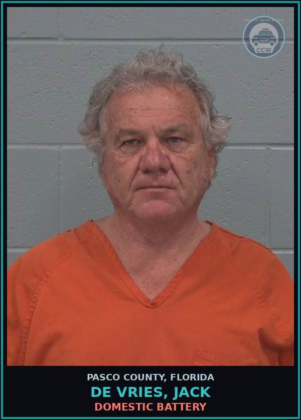 Booking mugshot of DE VRIES, JACK in Pasco County
