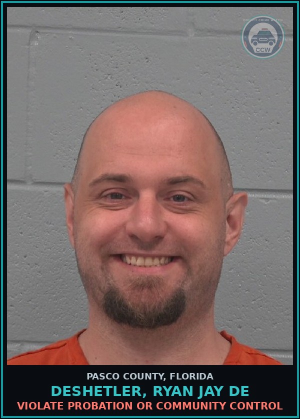 Booking mugshot of DESHETLER, RYAN JAY DE in Pasco County
