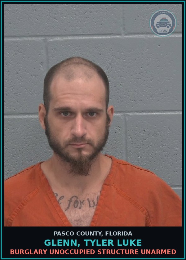 Booking mugshot of GLENN, TYLER LUKE in Pasco County
