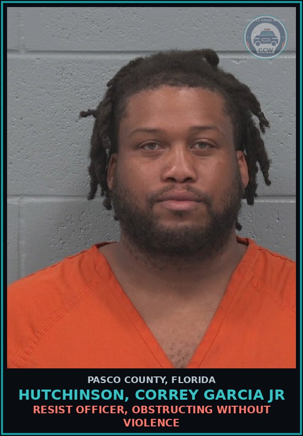 Booking mugshot of HUTCHINSON, CORREY GARCIA JR in Pasco County