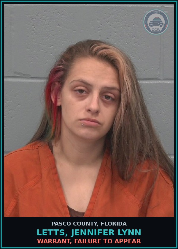 Booking mugshot of LETTS, JENNIFER LYNN in Pasco County