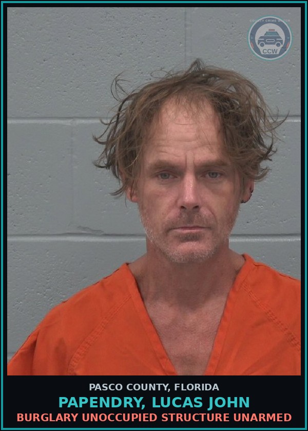 Booking mugshot of PAPENDRY, LUCAS JOHN in Pasco County