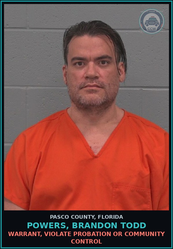 Booking mugshot of POWERS, BRANDON TODD in Pasco County