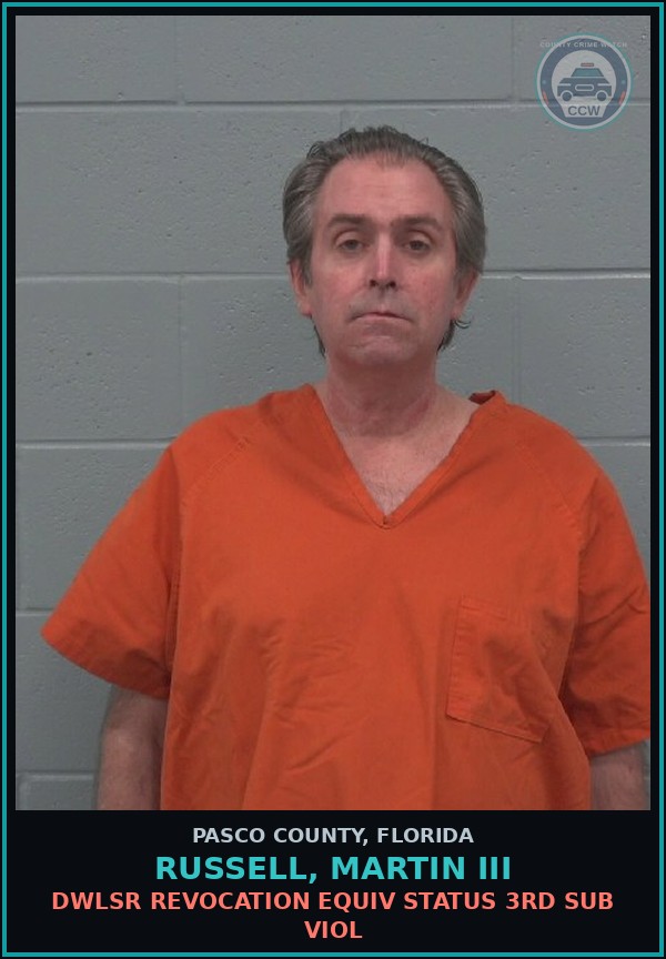 Booking mugshot of RUSSELL, MARTIN III in Pasco County