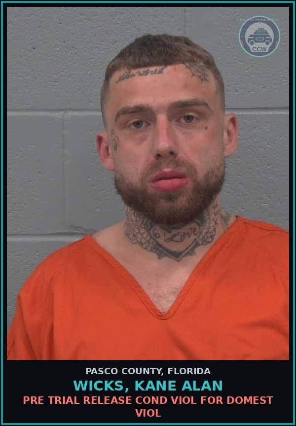 Booking mugshot of WICKS, KANE ALAN in Pasco County