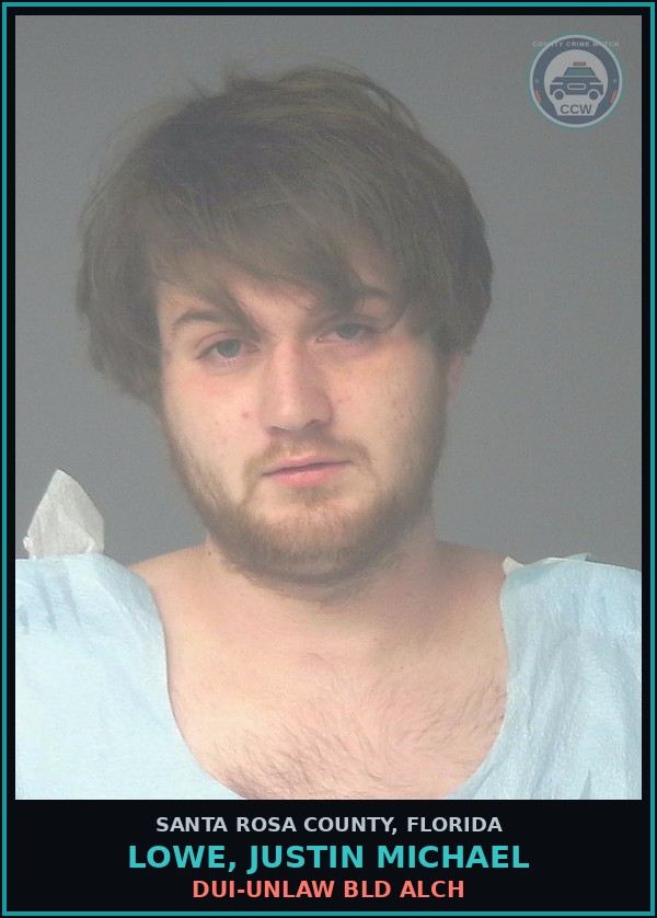 Booking mugshot of LOWE, JUSTIN MICHAEL in Santa Rosa County