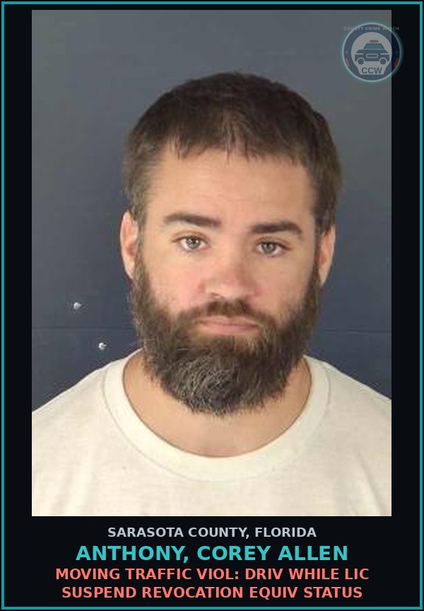 Booking mugshot of ANTHONY, COREY ALLEN in Sarasota County