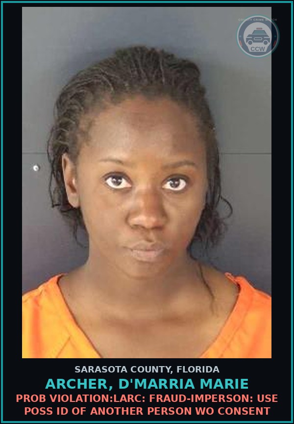 Booking mugshot of ARCHER, D'MARRIA MARIE in Sarasota County