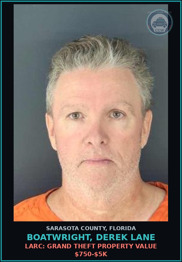 Booking mugshot of BOATWRIGHT, DEREK LANE in Sarasota County