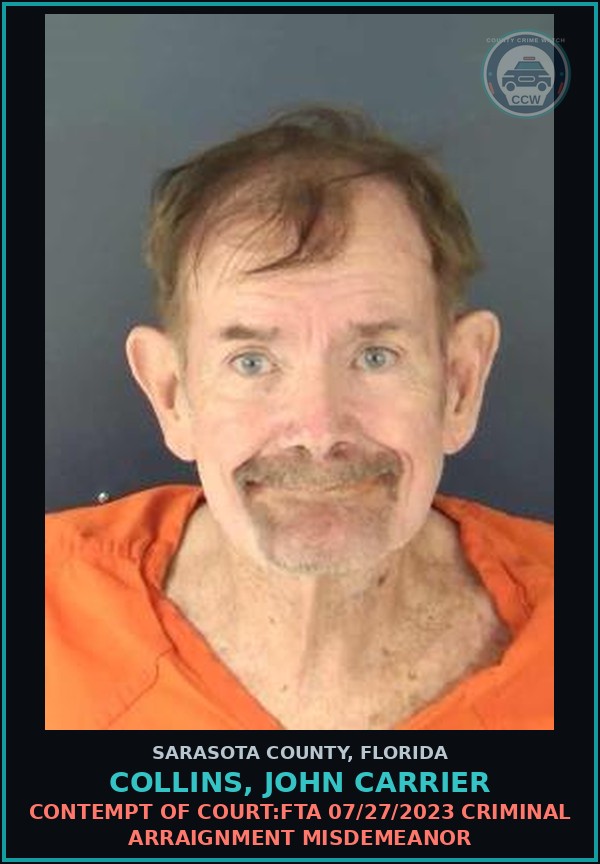 Booking mugshot of COLLINS, JOHN CARRIER in Sarasota County