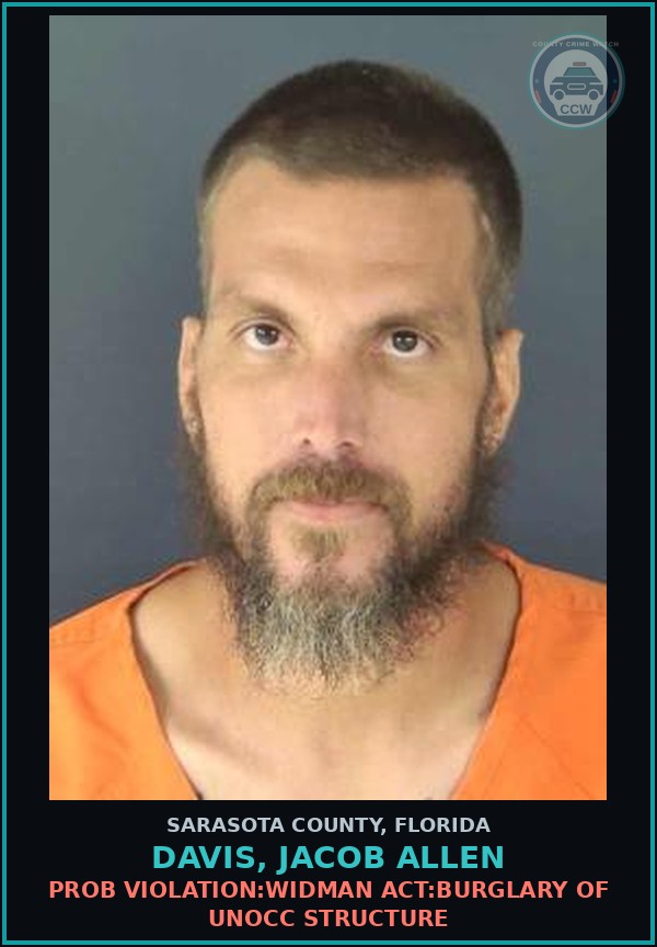 Booking mugshot of DAVIS, JACOB ALLEN in Sarasota County