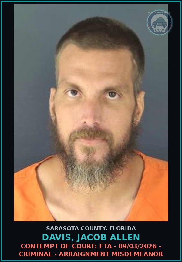 Booking mugshot of DAVIS, JACOB ALLEN in Sarasota County