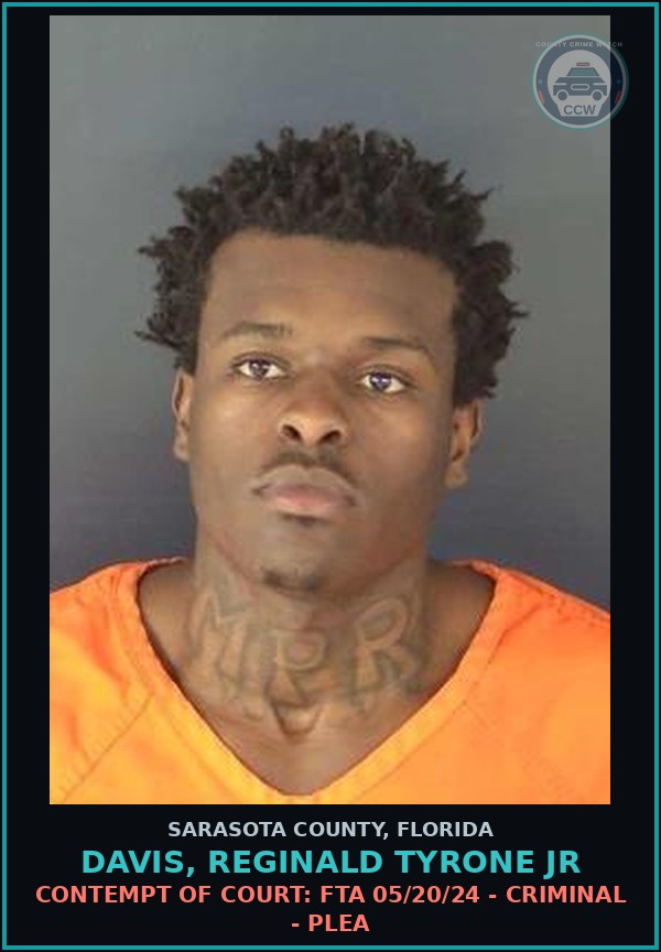 Booking mugshot of DAVIS, REGINALD TYRONE JR in Sarasota County