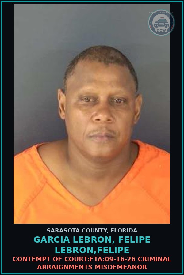 Booking mugshot of GARCIA LEBRON, FELIPE LEBRON,FELIPE in Sarasota County