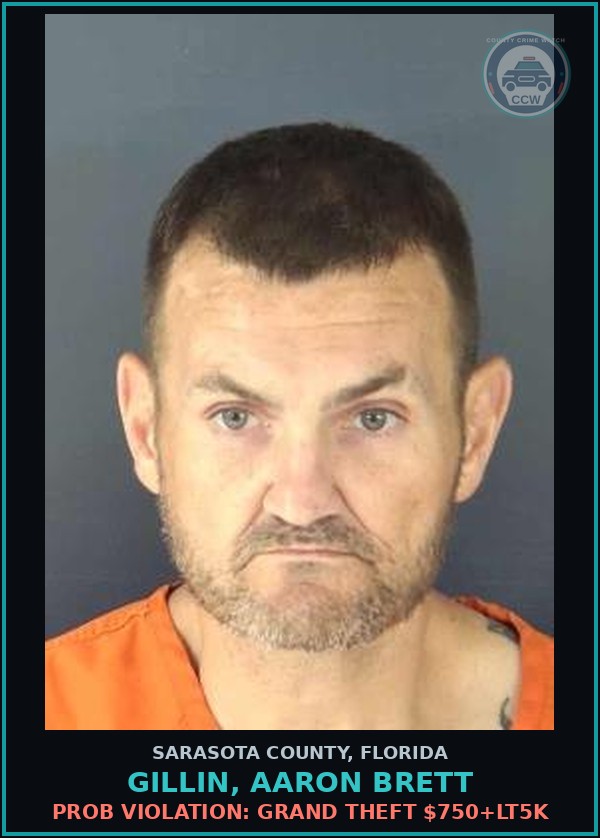 Booking mugshot of GILLIN, AARON BRETT in Sarasota County