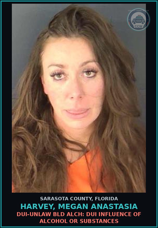 Booking mugshot of HARVEY, MEGAN ANASTASIA in Sarasota County