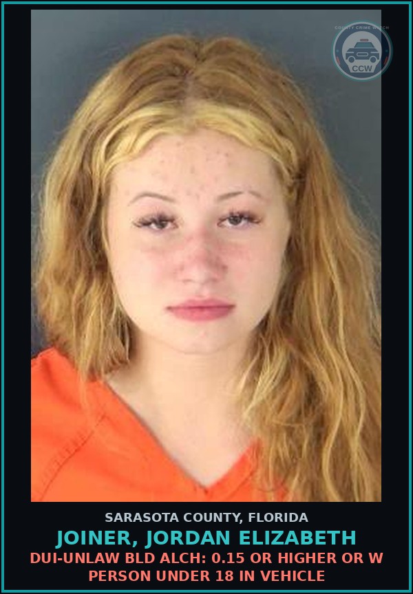 Booking mugshot of JOINER, JORDAN ELIZABETH in Sarasota County