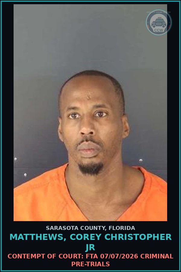 Booking mugshot of MATTHEWS, COREY CHRISTOPHER JR in Sarasota County
