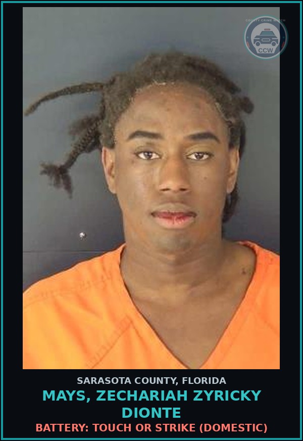 Booking mugshot of MAYS, ZECHARIAH ZYRICKY DIONTE in Sarasota County