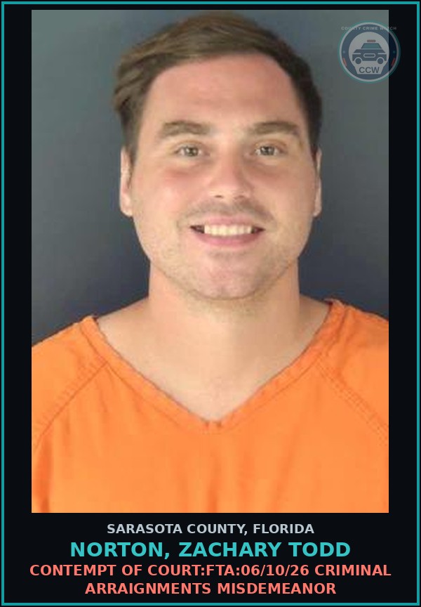 Booking mugshot of NORTON, ZACHARY TODD in Sarasota County
