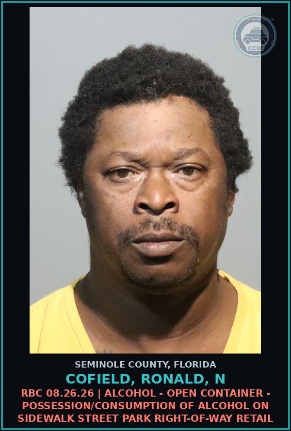 Booking mugshot of COFIELD, RONALD, N in Seminole County