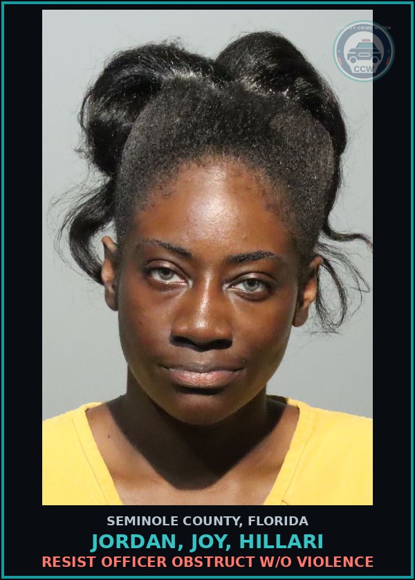 Booking mugshot of JORDAN, JOY, HILLARI in Seminole County