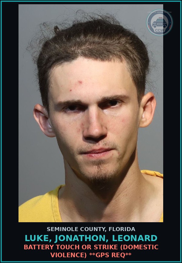 Booking mugshot of LUKE, JONATHON, LEONARD in Seminole County