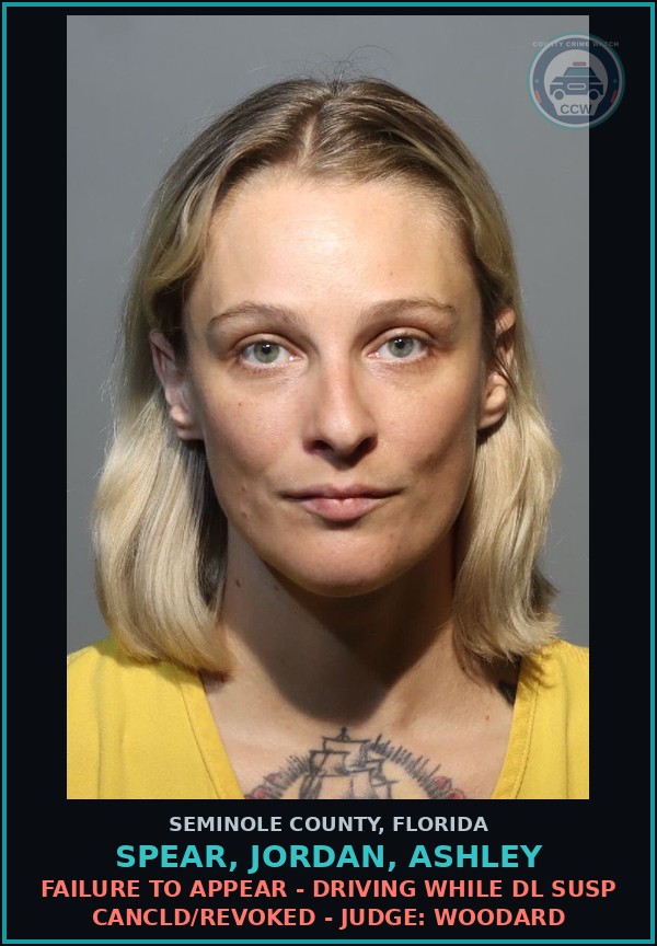 Booking mugshot of SPEAR, JORDAN, ASHLEY in Seminole County