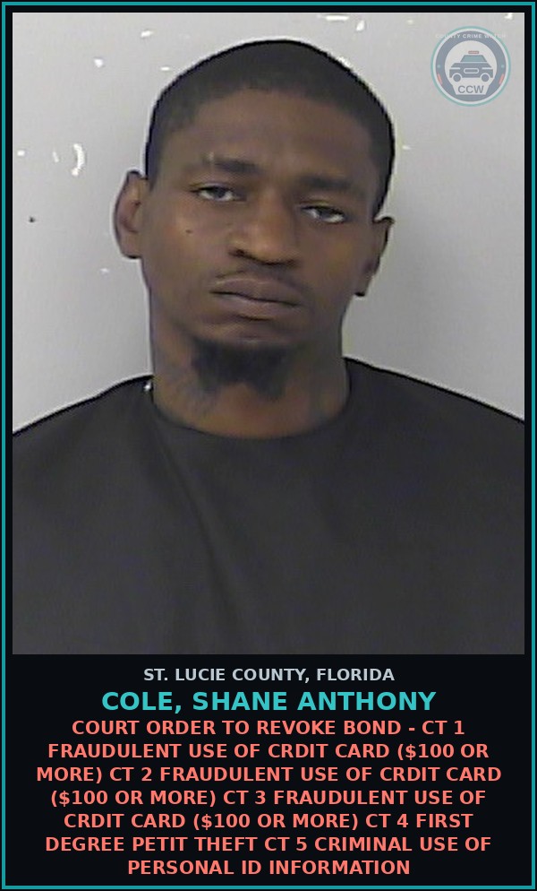 Booking mugshot of Cole, Shane Anthony in St. Lucie County