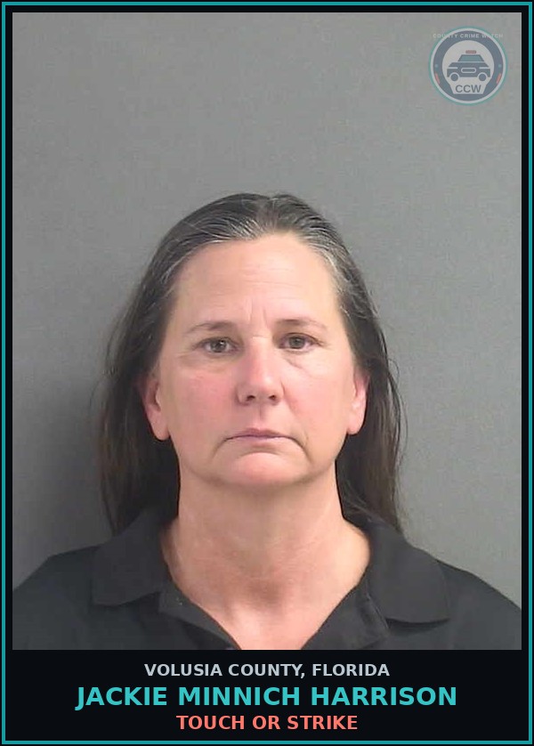 Booking mugshot of JACKIE MINNICH HARRISON in Volusia County
